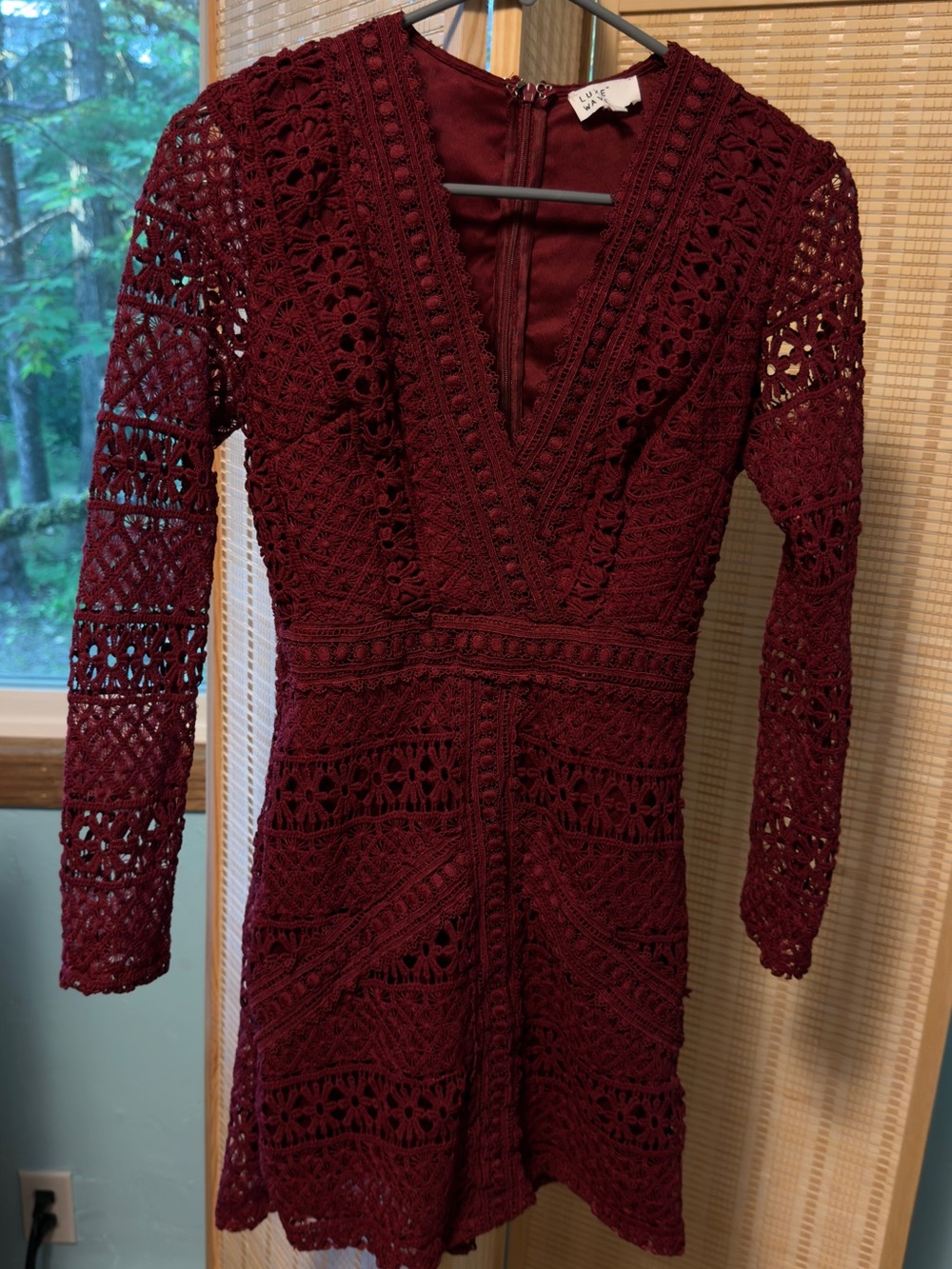 Crochet Lace V-Neck Long Sleeve Mini Dress in Burgundy